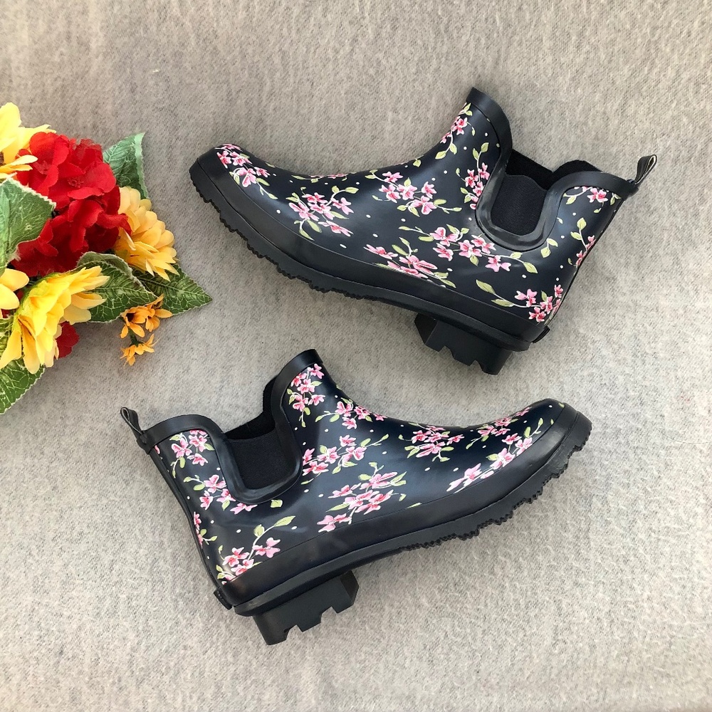 NWOT - Black & Pink Floral Rubber Slip-on Rain Boots